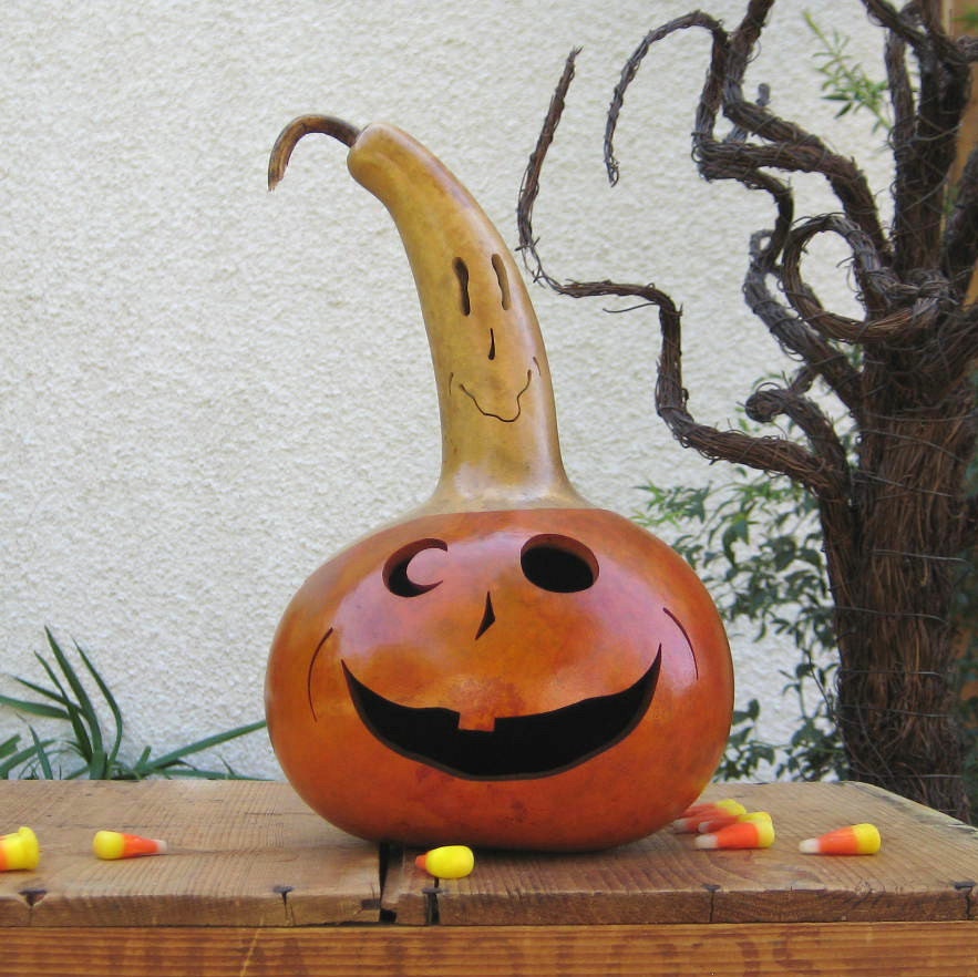 Halloween gourd Jack-O-Lantern Natural Carved Trick or Treat Candy Bowl with removable Ghost Top