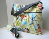 Monterey Bag Large Diaper Bag Set - In Floral Birds and Grey - Adjustable Strap and Elastic Pockets