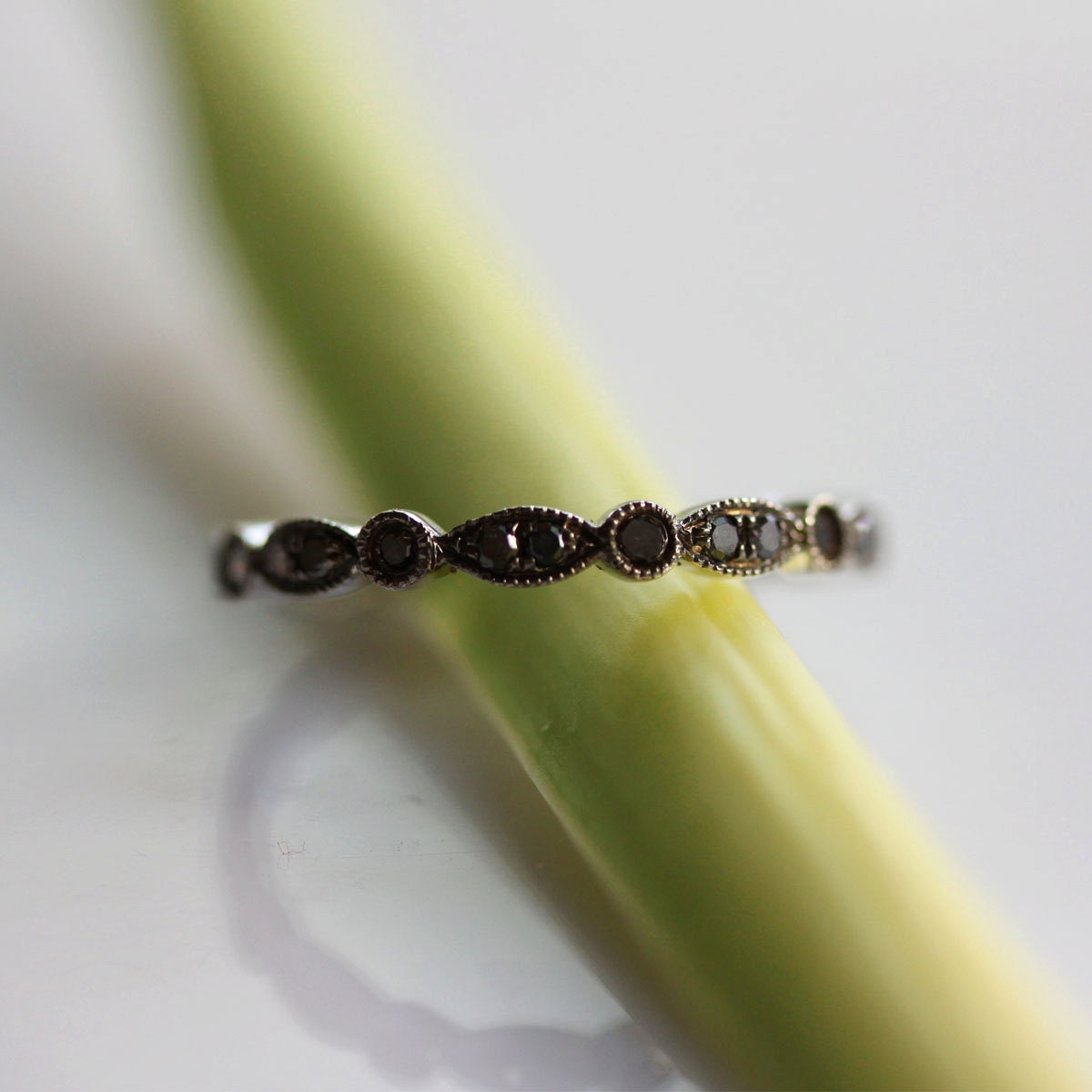 Gold Leaves Pavé Black Diamond Eternity Ring (size 3.5 - 7) - Made To Order (One Piece)