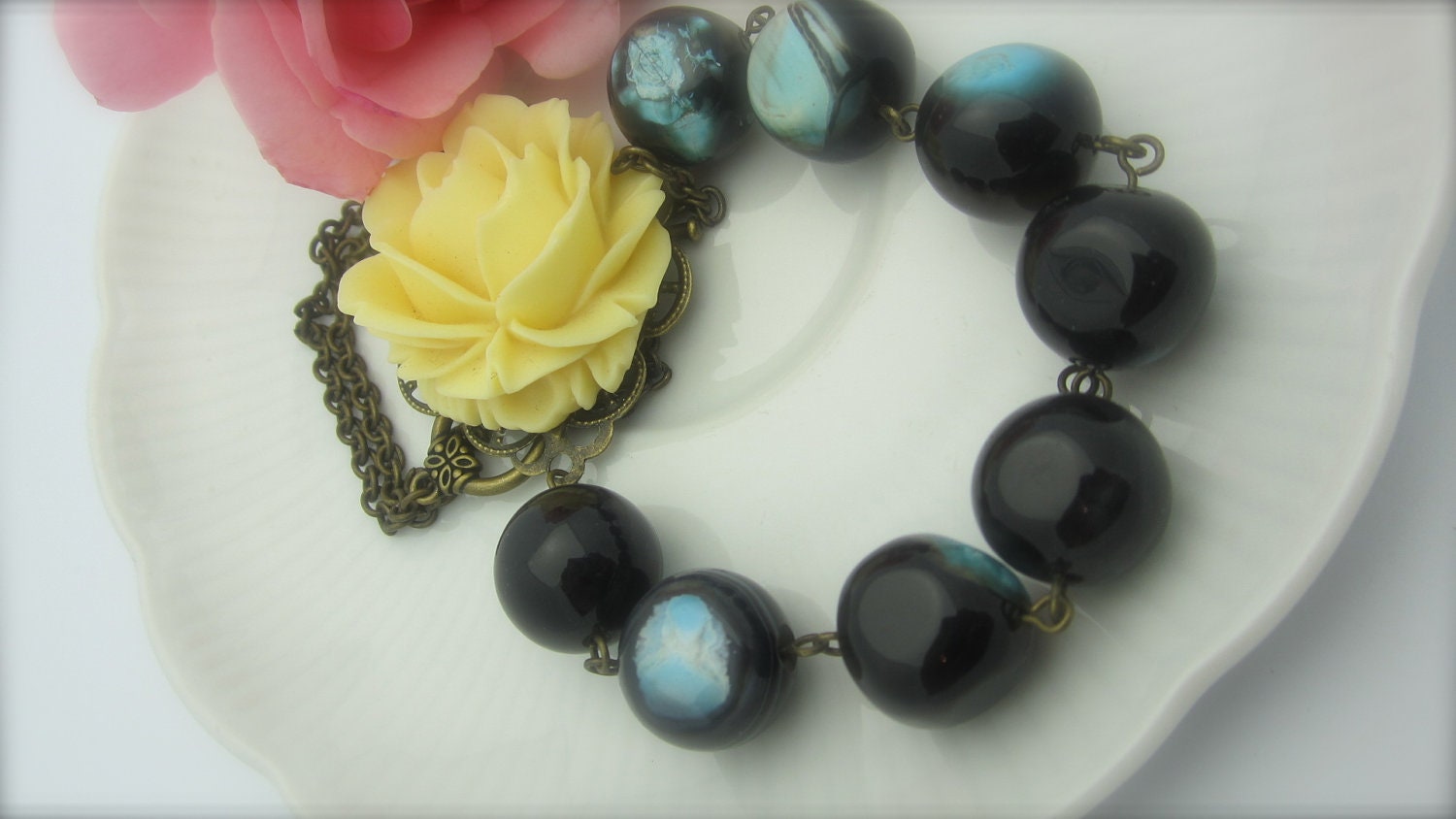 SULTRY CONFESSIONS - Bold Yellow Rose Cabochon/Blue Textured Agate