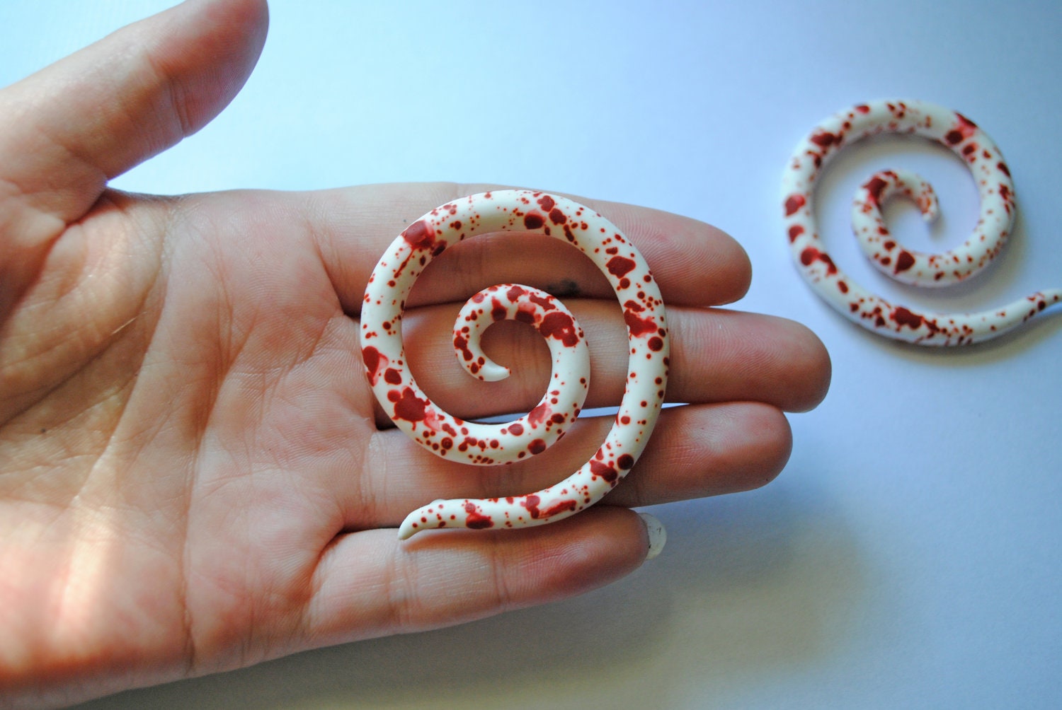 Dexter Blood Splatter Spiral Polymer Clay Gauged Earrings 2g, 0g, 00g, 7/16" 1/2"
