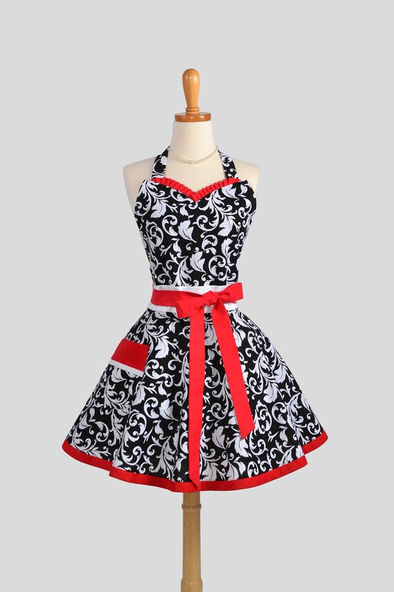 Womens Flirty Sweetheart Apron : Retro Ruffles in Sexy Damask with Cherry Red and White Accents