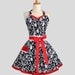 Womens Flirty Sweetheart Apron : Retro Ruffles in Sexy Damask with Cherry Red and White Accents