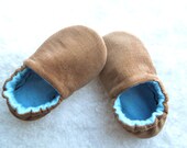 boy baby toddler shoes 'Josiah' tan blue Robert Kaufman CORDUROY  ....soft soled shoes...Newborn to 24 months...