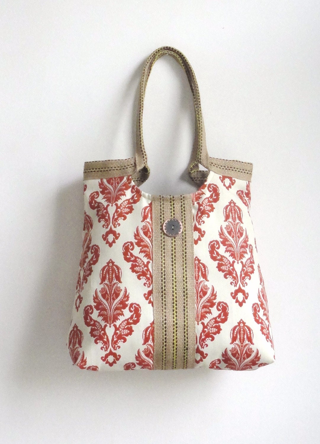 Damask American red tote bag with jute