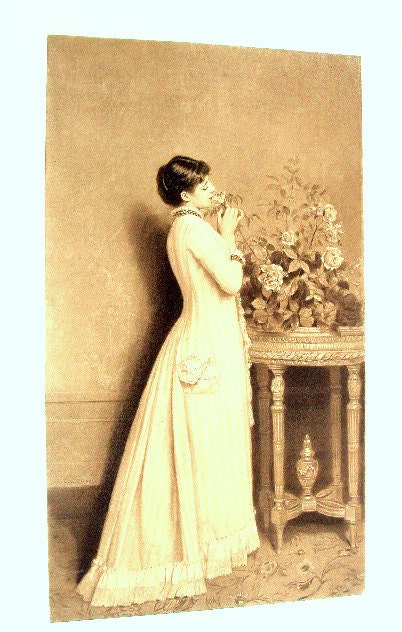 Vintage Photogravure Art Print, cr.1880s, Goupil & Co. Sepia tint, Woman With Table and Flowers, Victorian Dress, Paper