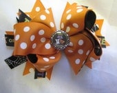 Double Layered Orange Polka Dot Halloween Bow with Mickey Mouse Bott