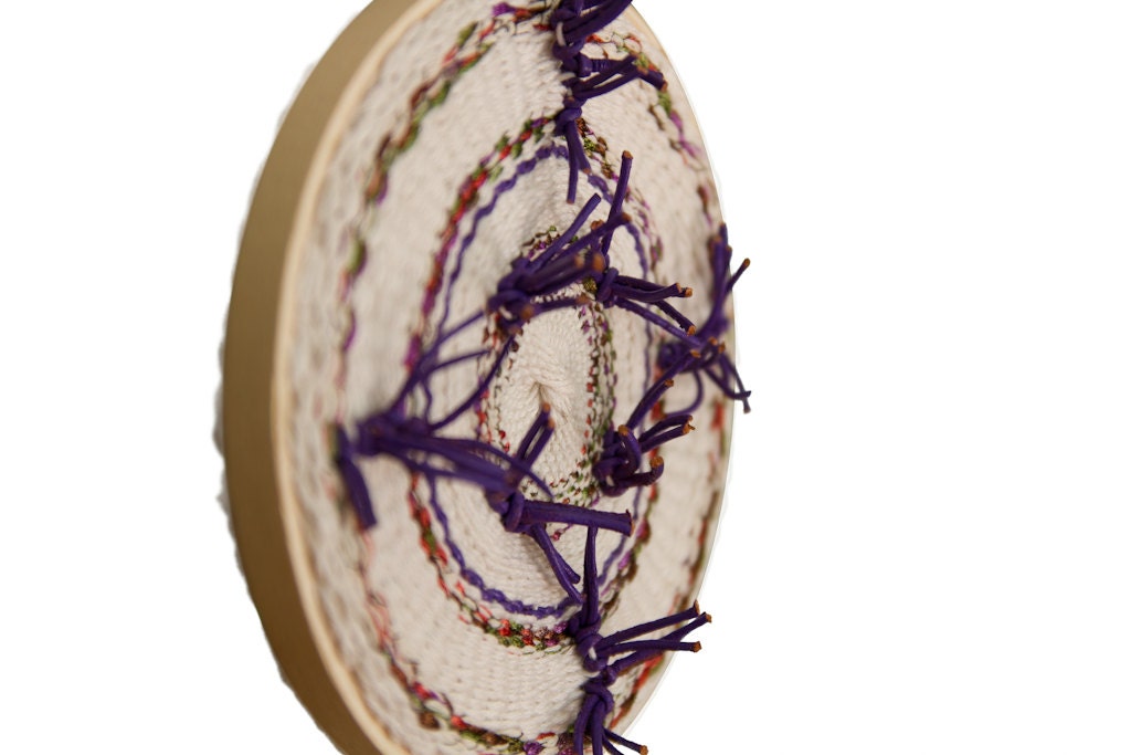 Spiky target hoop weaving - cotton and leather textile art