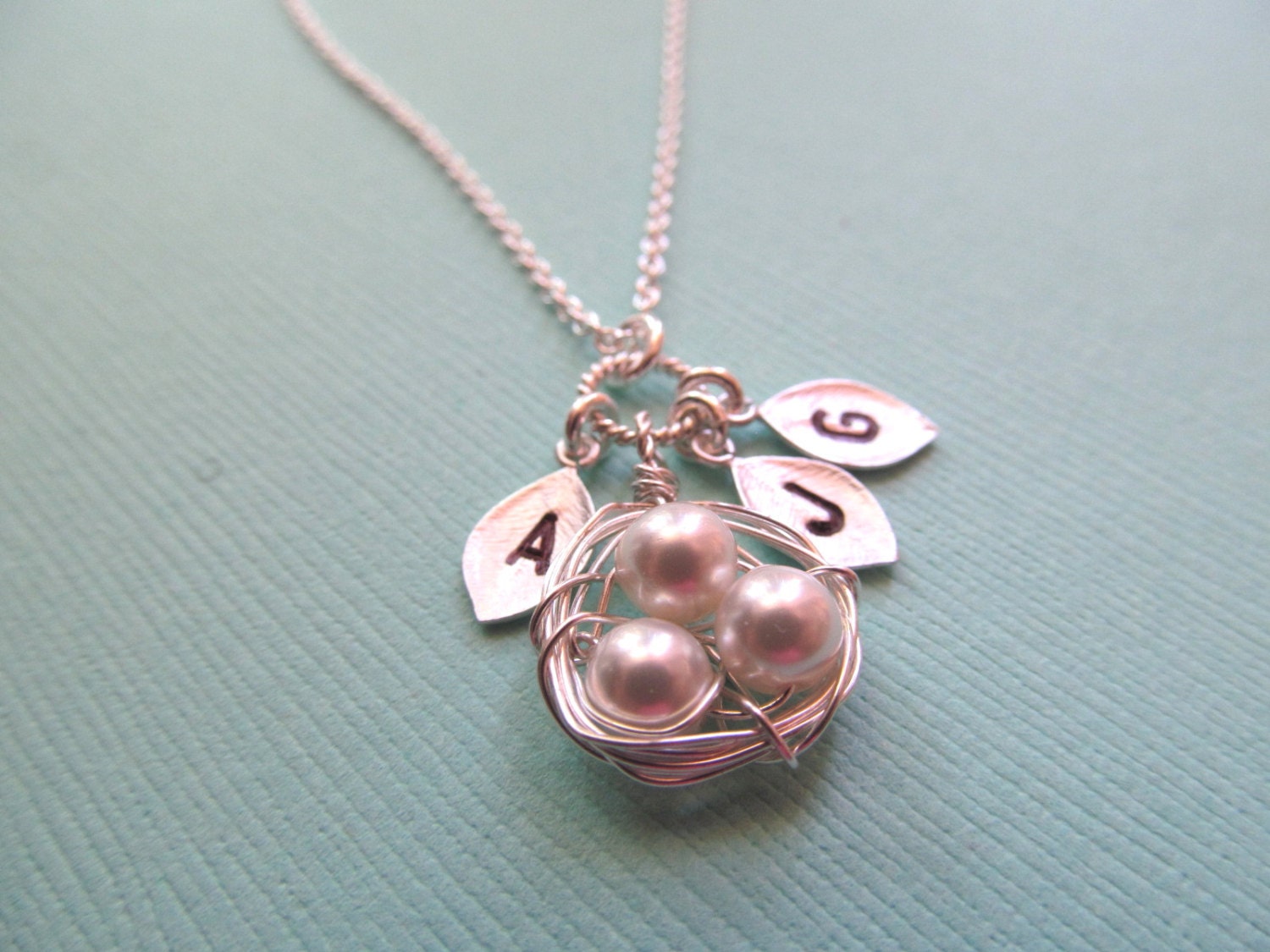 Bird Nest Necklace, 3 Pearls Mama bird, Mothers Necklace, Three Eggs Nest, Silver Wire Wrapped, Grandma Family Kids initials