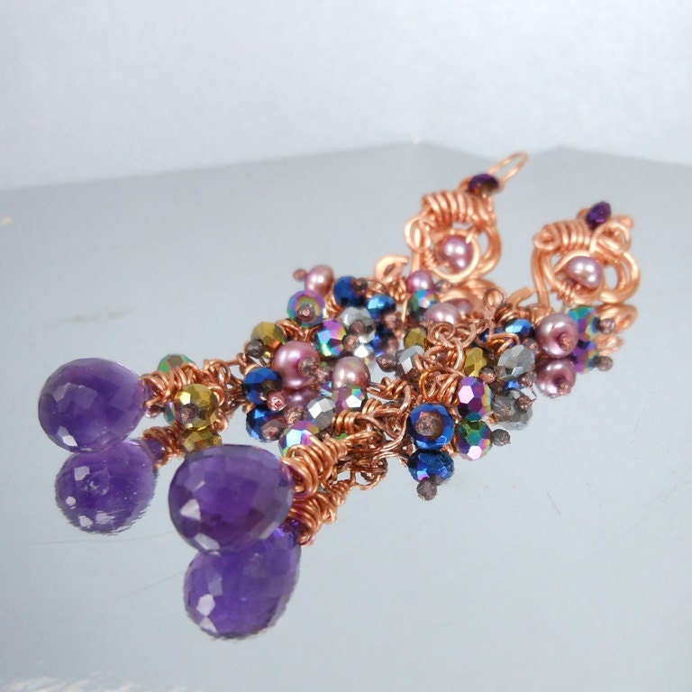 Amethyst gemstone and Pearl cascade earrings February birthstone