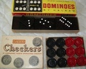 SALE - 2  Vintage games, Checkers, Dominoes, games, Halsam, Baron, original boxes, 1970s, 1960s