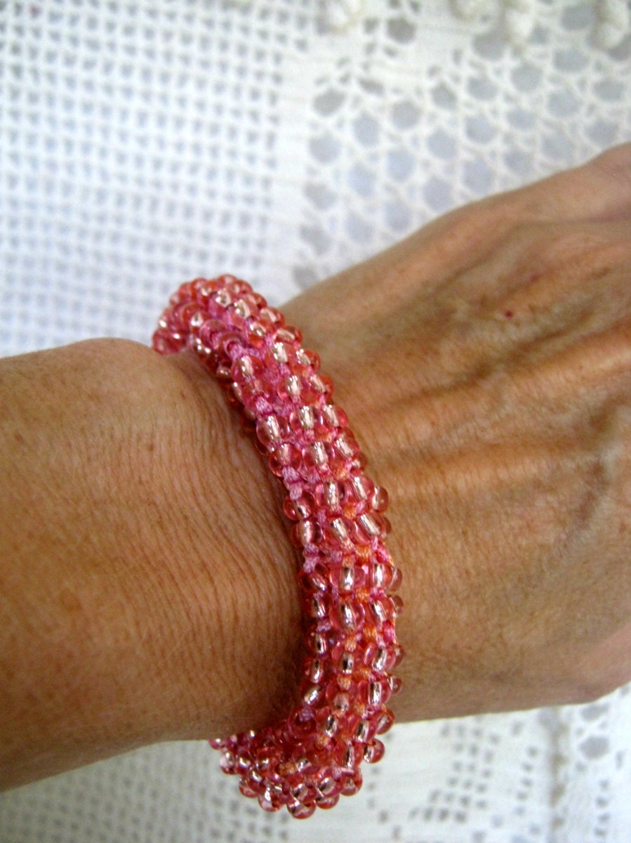 Knit Beaded Bracelet - "Pink Summer Fruit"