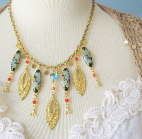 Charming Bee Bib Necklace - Spring Flowers, Gold Pendants, Orange and Aqua Charms Bib Necklace