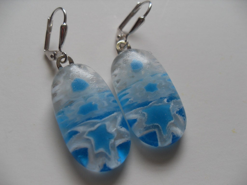 Turquoise-white millefiori glass fused flower earrings