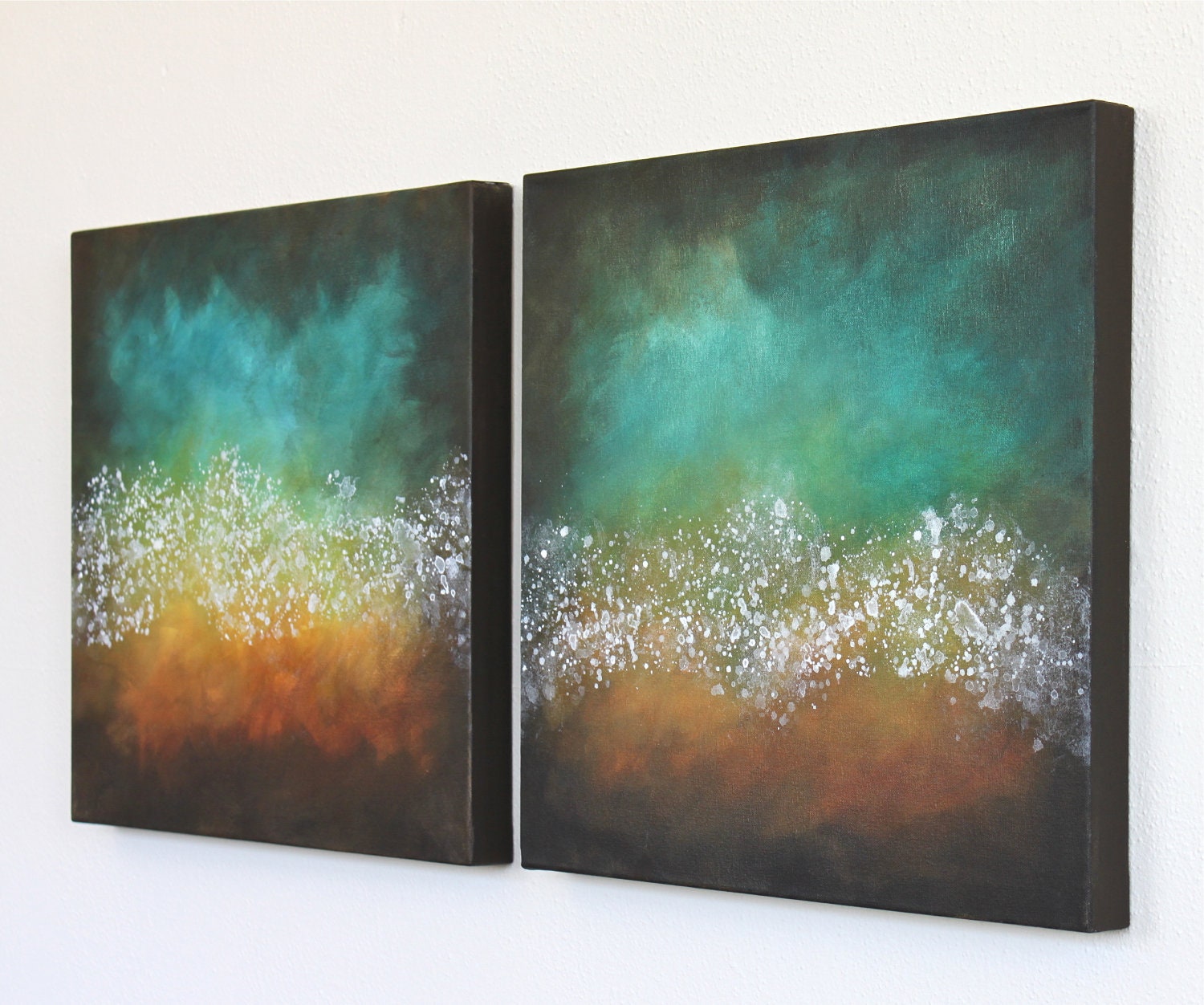 Northern Lights teal turquoise orange aqua brown mustard yellow modern art mid century original acrylic painting on two canvases
