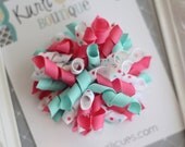 Large Korker Boutique Hair Bow -Teal/Pink/Swiss Dot -  Hand Sewn - Over 65 Colors Available