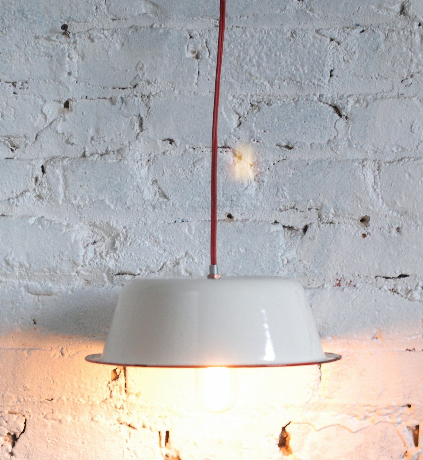 Vintage Upcycled Industrial White and Red Enamel Light