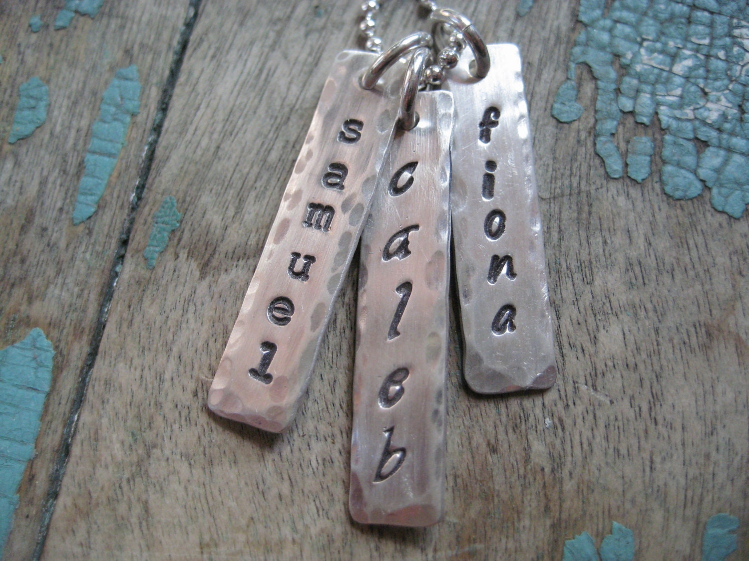 Personalized mixed font sterling silver hand stamped hammered vertical name tags neckkace