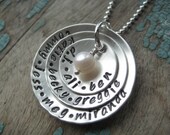 Personalized triple disc hand stamped sterling silver necklace with freshwater pearl
