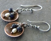 Sapphire White Freshwater Pearl Copper Sterling Silver Earrings Handmade Artisan Jewelry