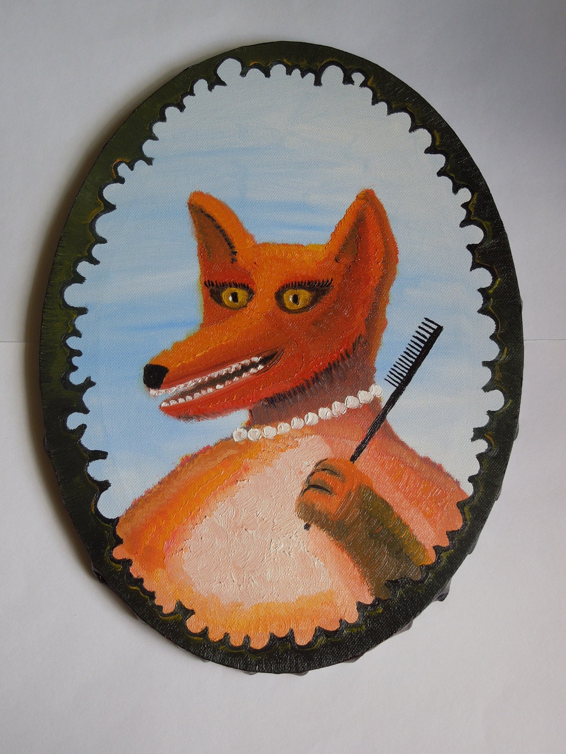 Oil painting fox girl at mirror medium size oval oil paints on canvas