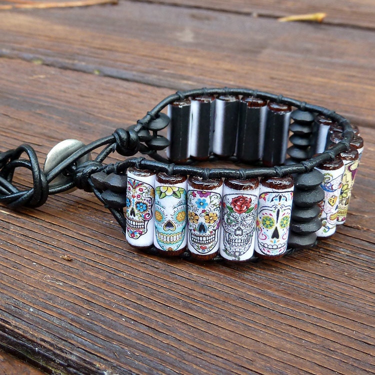 Sugar Skull Cuff Bracelet - Black Leather, Dia De Los Muertos, Day of the Dead Skulls