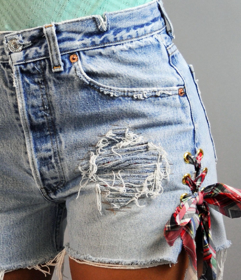 UPCYCLED Denim Levis SHORTS / Side Lace Up Levi cutoff Blue Jean shorts / destroyed frayed & custom patched denim cutoffs Size 30 Waist
