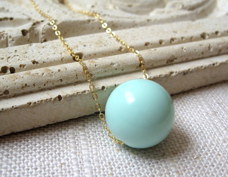 Mint Necklace, Vintage Lucite Bead, Seafoam Necklace, Gold Necklace, Bridesmaid Necklace - Minty Fresh
