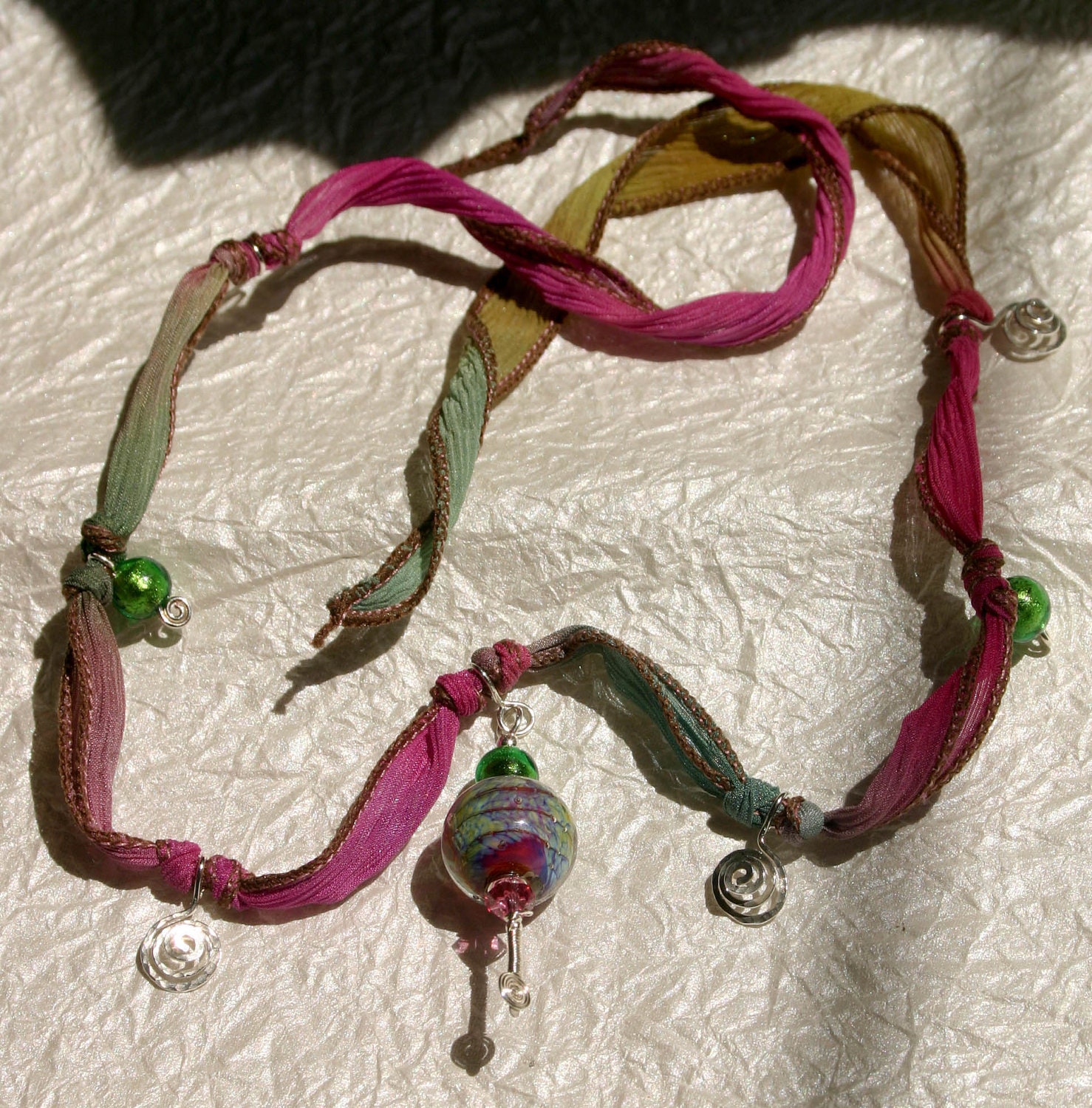 Lampwork Bead, Venetian Murano Glass bead, Sterling Silver and Hand-Dyed Ribbon Necklace