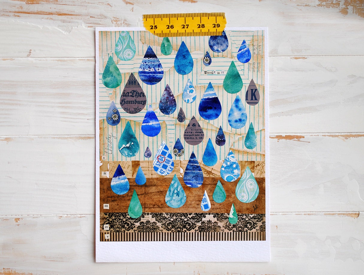 Dance in the Rain LARGE Print. Raindrops Watercolor Mixed Media Collage. Vintage Papers with German Text. Blue, Turquoise and Brown.