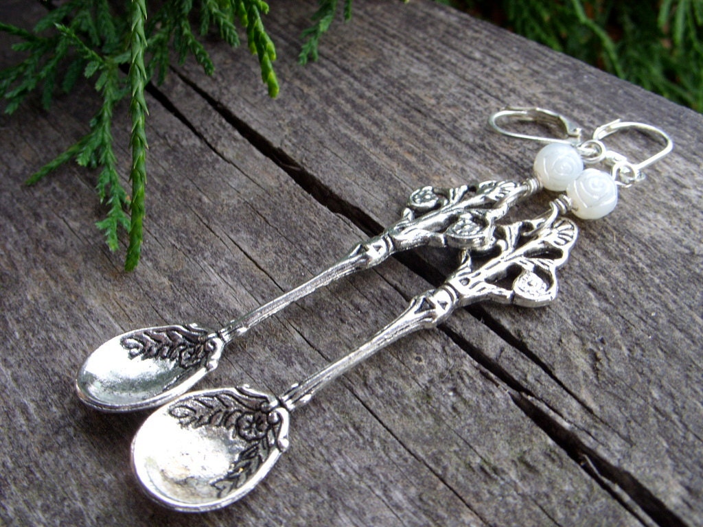 victorian mini miniature metal tea coffee table spoon victorian lolita kawaii little white rose earrings tablewear silver gray grey