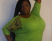 Viva - Posh N Petals Knit Kiwi Green Lace and Gold Sequin  Embellished Blouse - 1 X  - 2X Plus Size