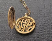 Vintage Monogram Locket Necklace Heart Locket Necklace Rhinestone Chain Brass Locket Round Locket Victorian Gold Locket Under 50 - Keepsake