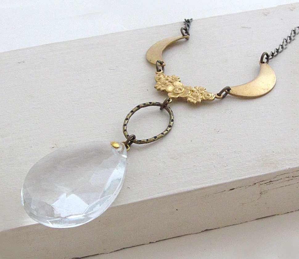 Teardrop Crystal Necklace Gold Geometric Necklace Chandelier Crystal Necklace Crescent Moon Statement Necklace Art Deco Wedding - Arden