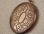 Vintage Brass Roses Floral Locket Necklace, Large Pendant with Long Chain, Etched, Floral Vines, Copper Hue