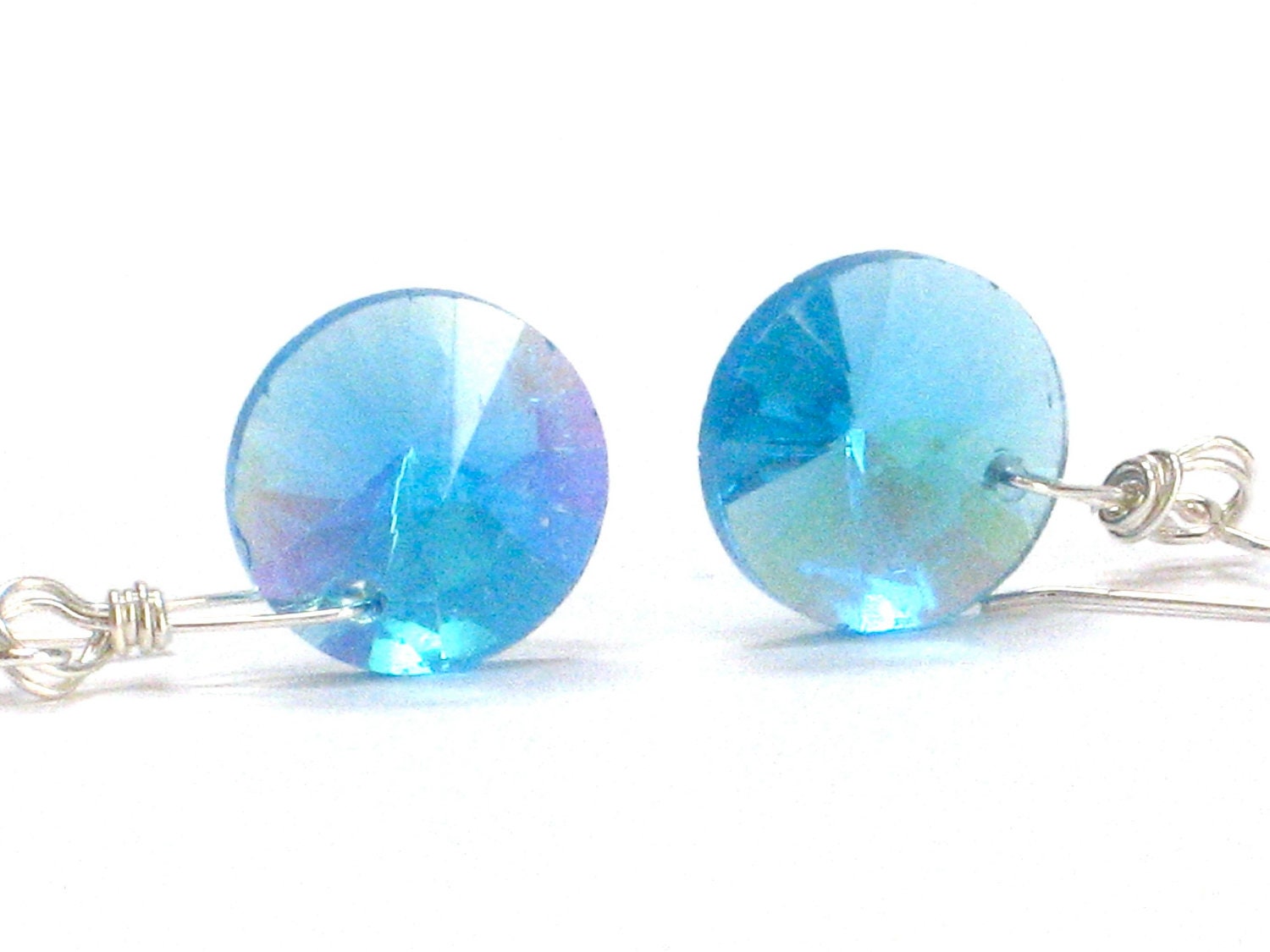 Turquoise Earrings, Rainbow Shine Sterling Silver Wire Wrapped Dark Aqua Summer Fashion Earrings Gift Under 25