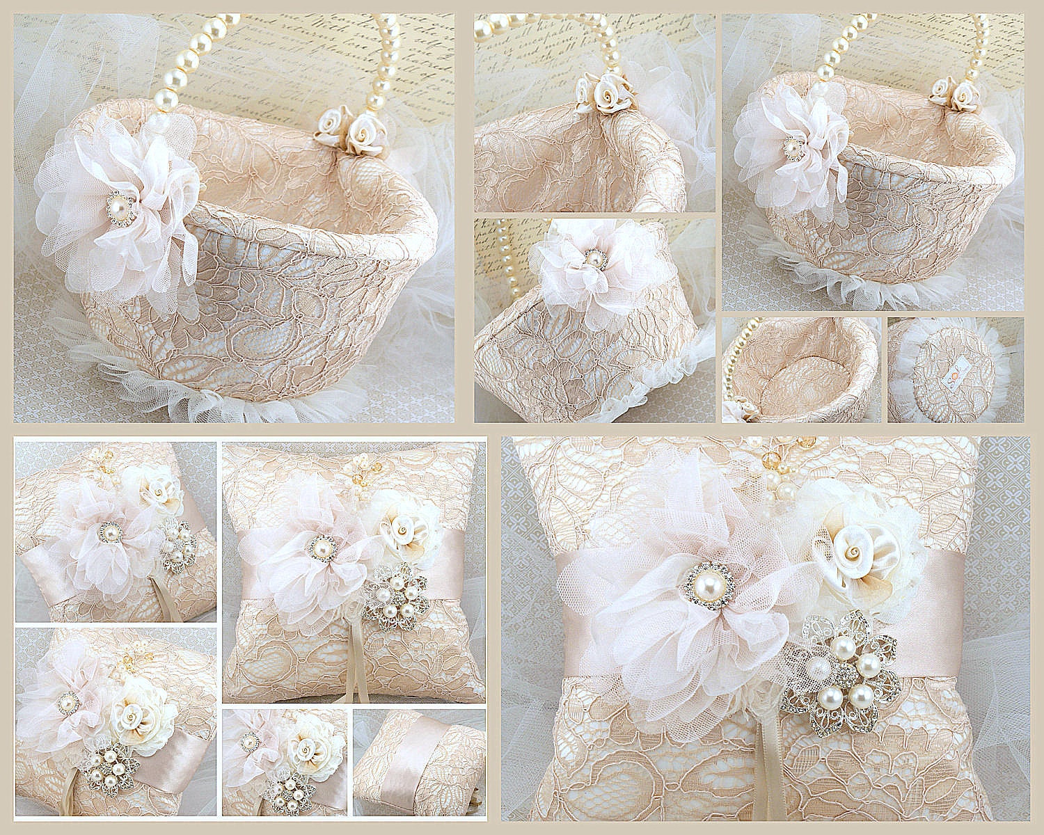 Bridal Ring Bearer Pillow and Flower Girl Basket Set in Champagne, Nude and Ivory - My Dream Wedding