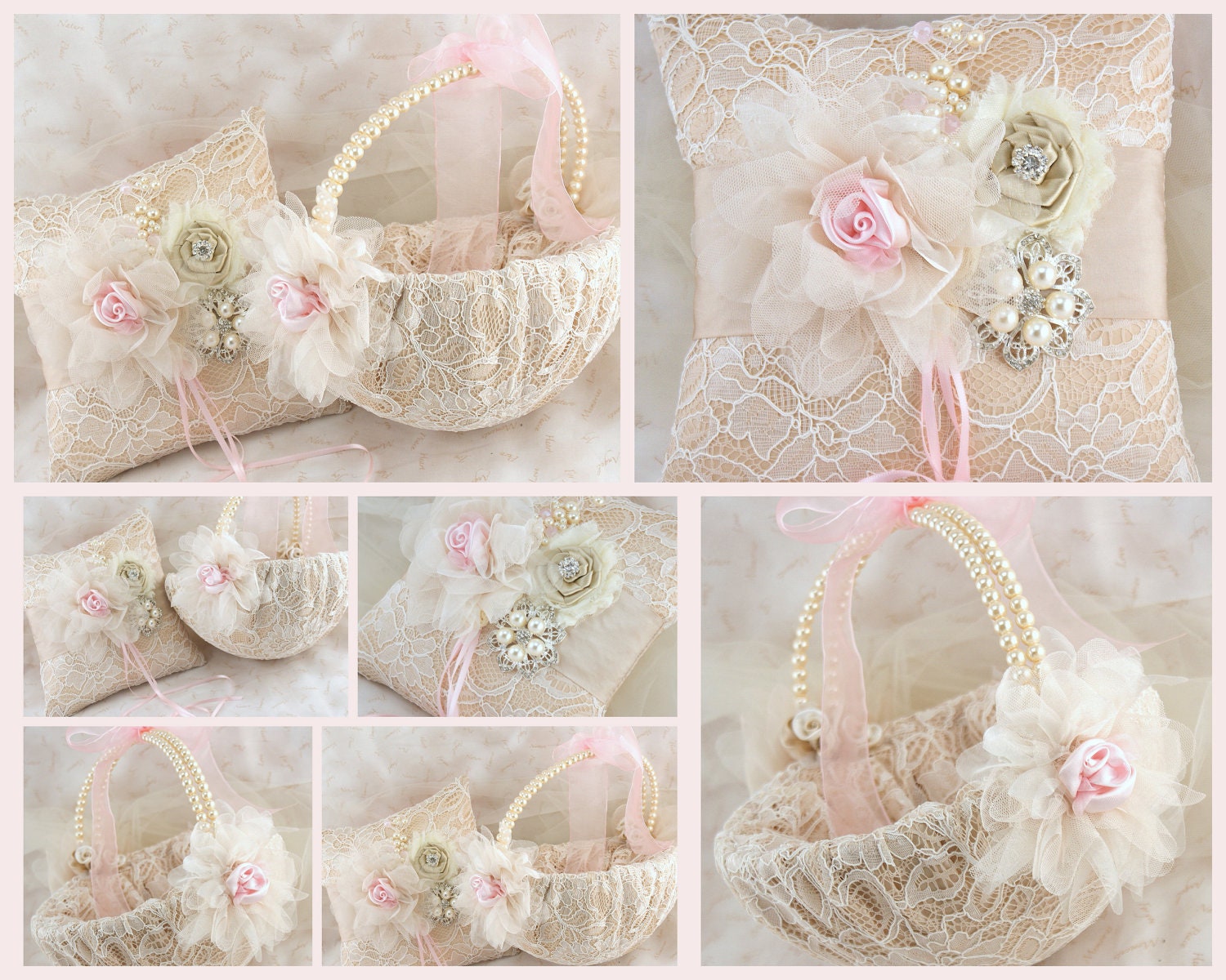 Bridal Ring Bearer Pillow and Flower Girl Basket Set in Champagne, Blush Pink, Nude and Ivory - My Dream Wedding