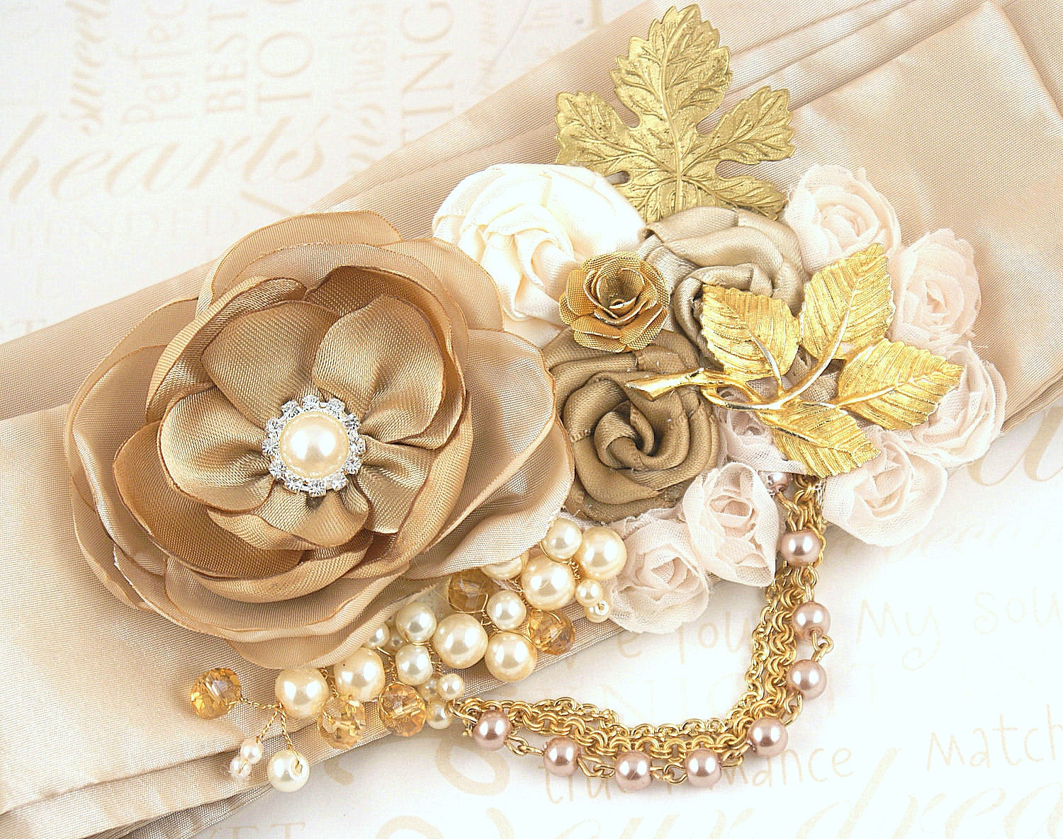 Sash - Bridal Sash Vintage Style Champagne, Cream, gold with Leaves, Chains, Vintage Brooches, Satin Flowers, Pearls and Crystals