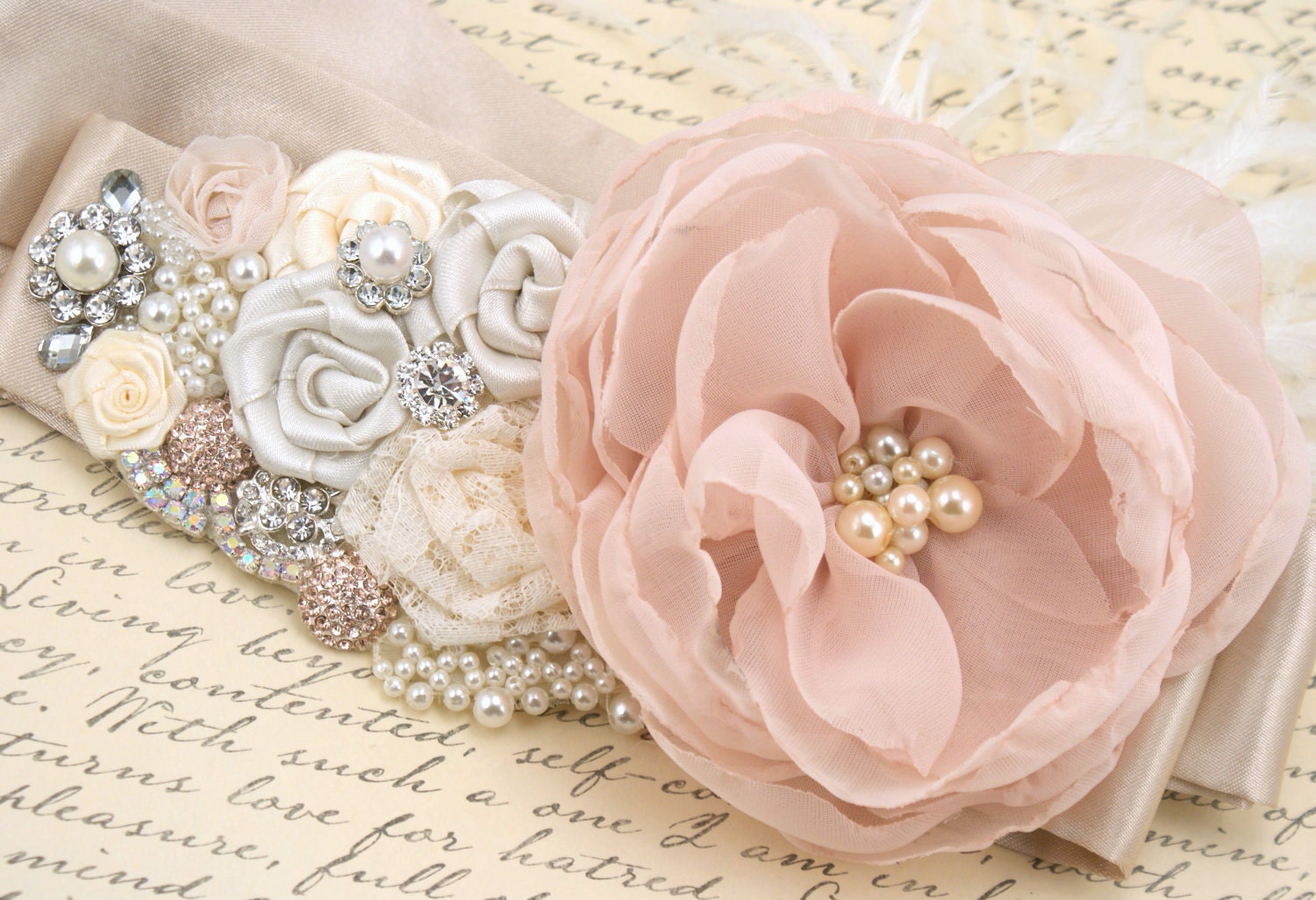 Bridal Sash - Sash in Blush Pink, Ivory, Champagne and Cream with Crystal Jewels, Ostrich Feathers and Handmade Flowers- Breath of Blush
