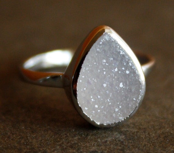 Silver White Agate Druzy Ring - Teardrop - Sterling, Stacking Ring