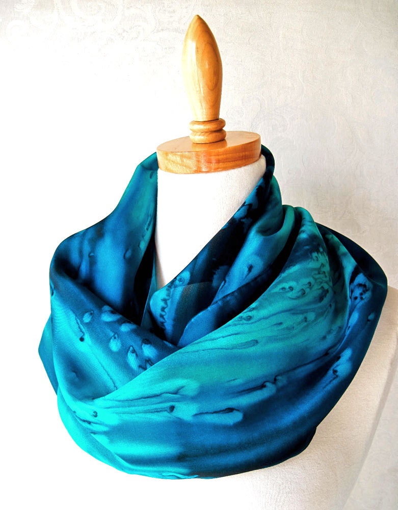 Hand Painted Silk Scarf in Deep Ocean Blues
