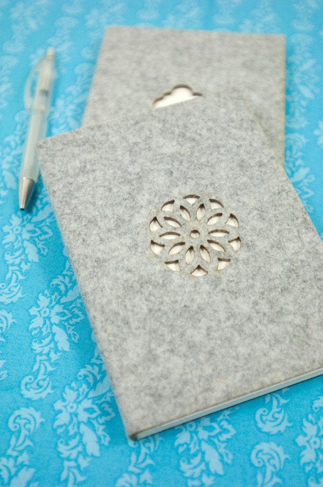 handmade paper notebook with grey / or white / or red felt cover