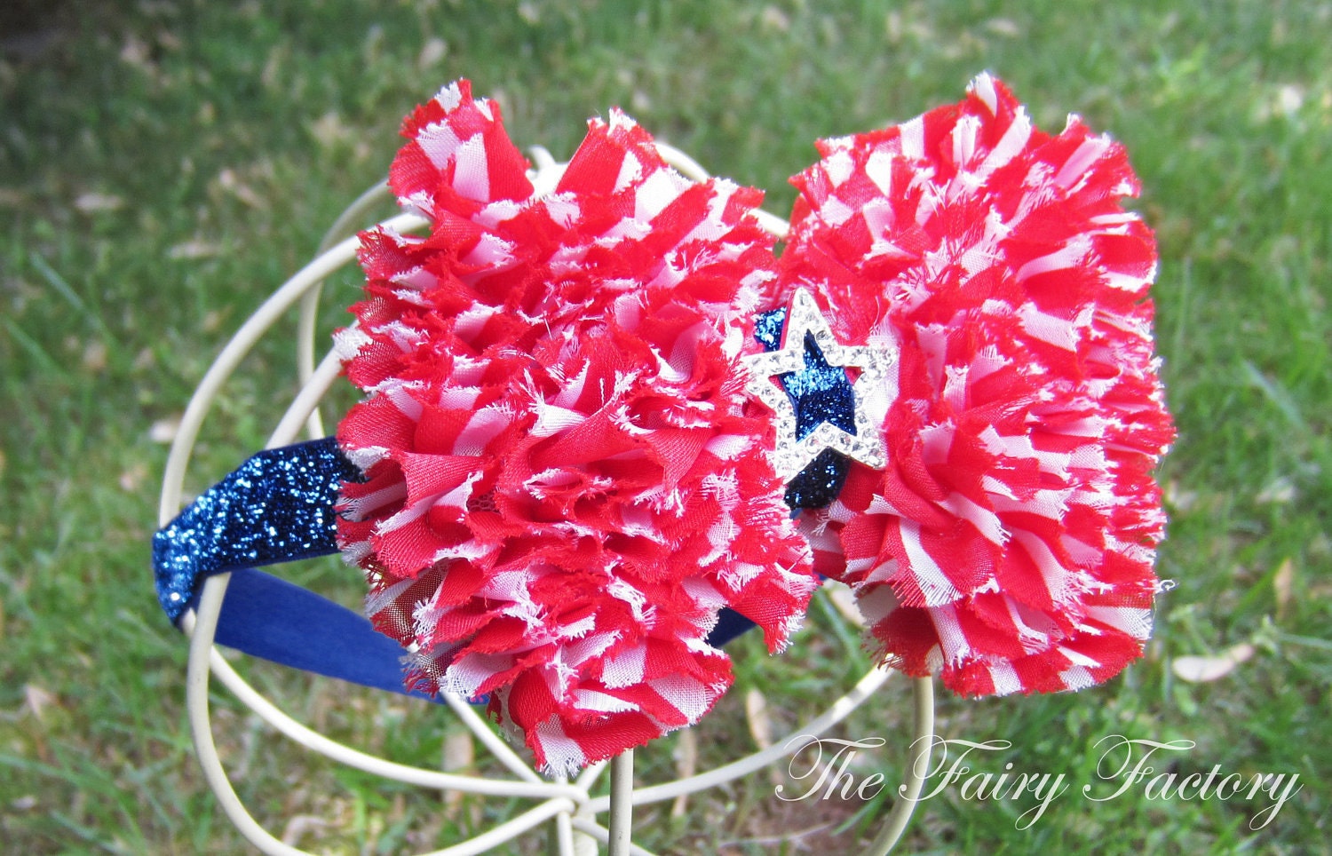 Fourth of July Hair Bow - Red White and Blue Chiffon Hair Bow w/ Rhinestone Star Stretchy Glitter Headband or Hair Clip - July 4th Hair Bow