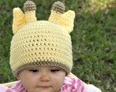 Crochet Yellow Giraffe Beanie sizes Newborn, 3-6 m, 6-12m, 1-2 todler, 2t and up, and Adult, Great for a Halloween costume