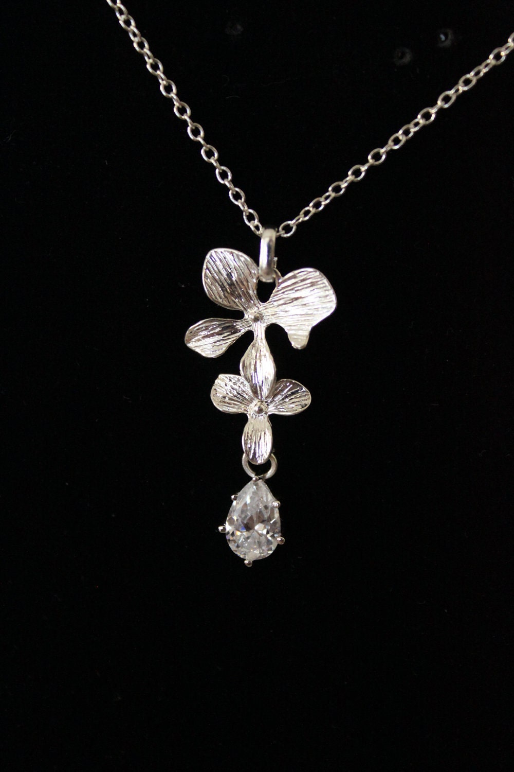 CZ Drop Sterling silver Orchid Wedding Necklace, Bridesmaid Jewelry, Bridal Jewelry