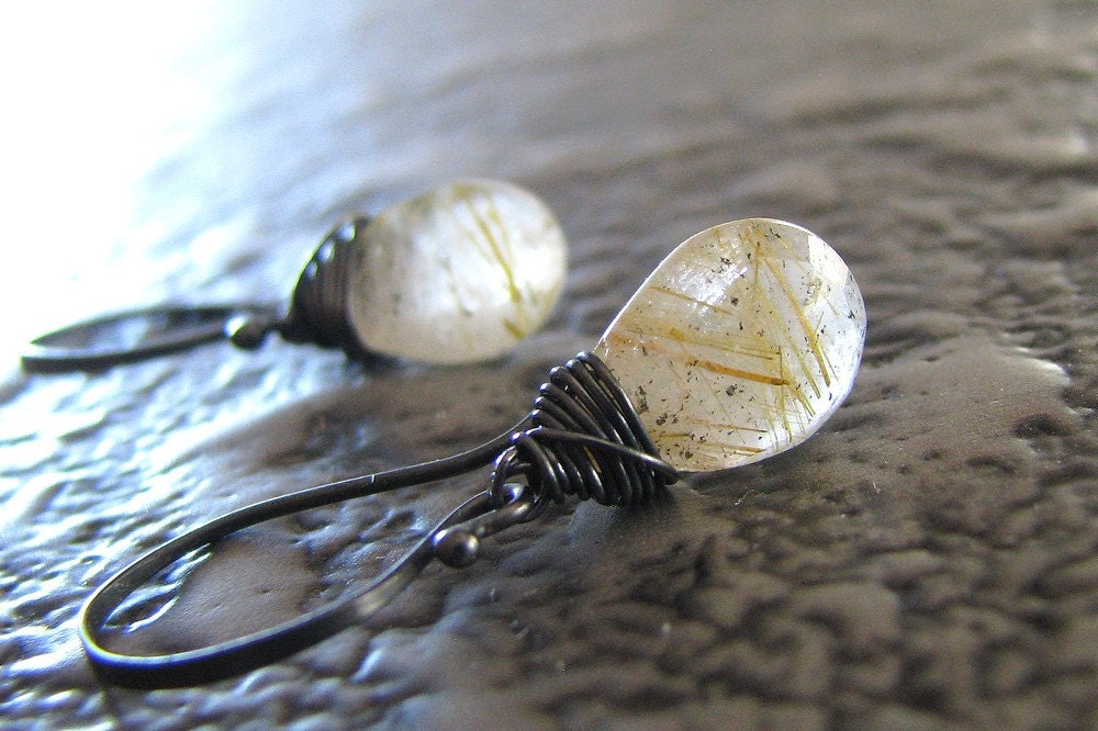 Gold Gemstone Earrings, Golden Rutilated Quartz, Casual, Black Oxidized Sterling Silver, Fashion, Wire Wrapped Handmade, Autumnal Glow