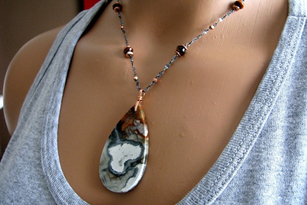 Jasper Necklace, Natural Stone Pendant, Tiger Eye Gemstone, Copper, Bold, Statement, Black Sterling Silver - Snowy Heart