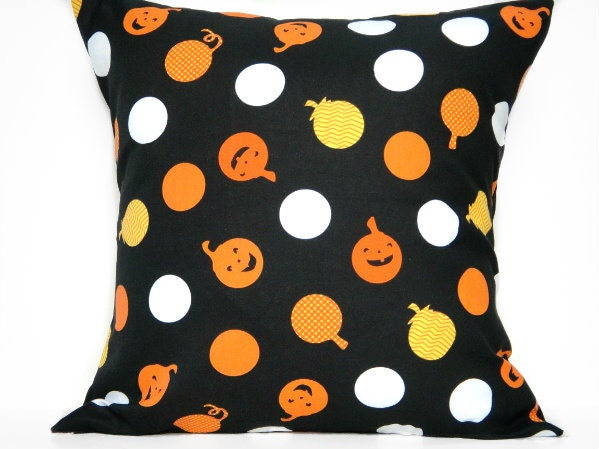 Pumpkins Halloween Pillow Cover Polka Dots Black Orange Yellow White Decorative Repurposed 18x18
