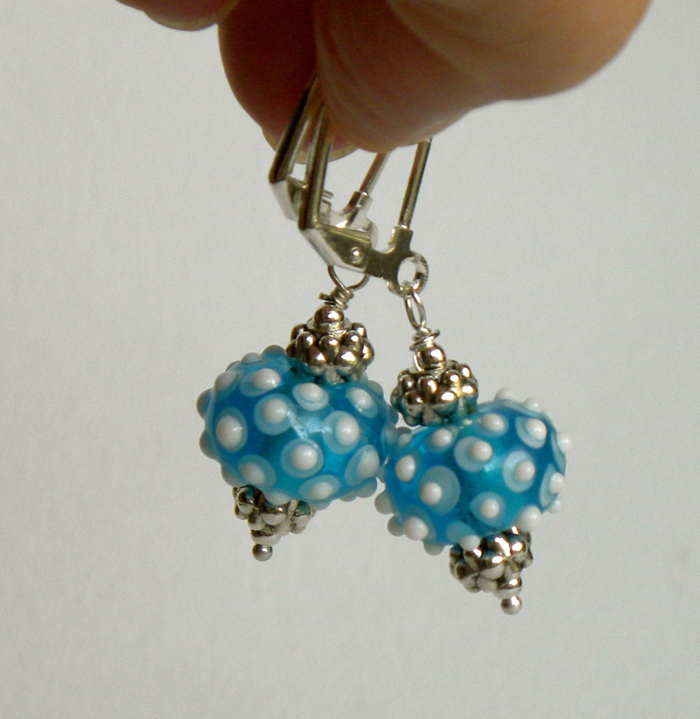 Bumpy Aqua Lampwork Glass Handmade Beaded Earrings Silver Beads